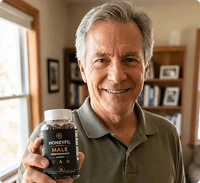 A man holding a bottle of HoneyFil at home