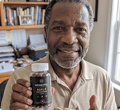 A man holding a bottle of HoneyFil at home