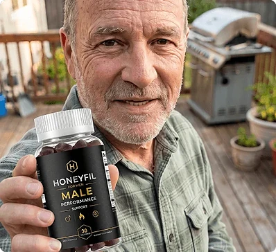 A man holding a bottle of HoneyFil at home